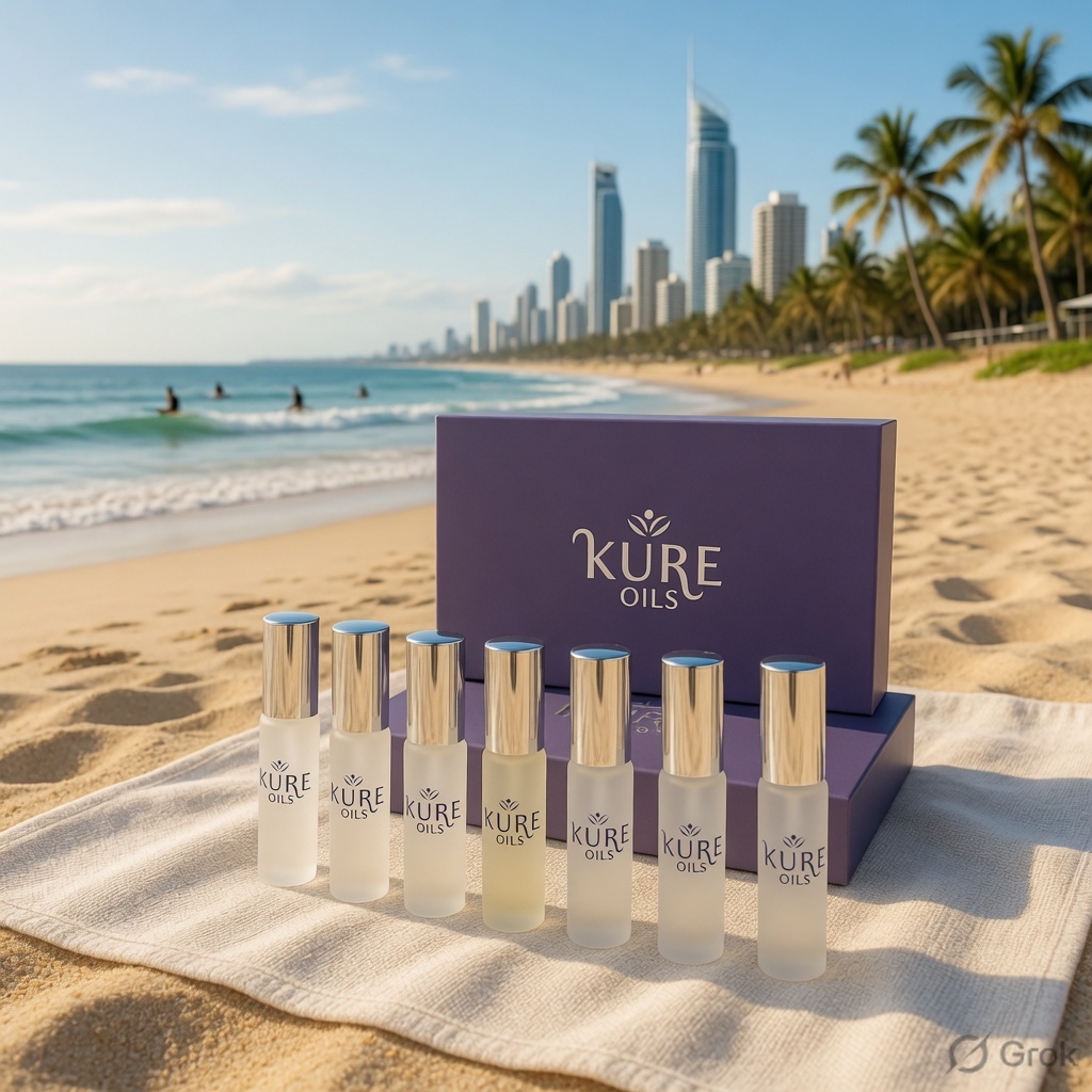 Kure Oils VibeReset 7-Chakra Mist Kit  -  7 bottles with purple gift box on Gold Coast beach